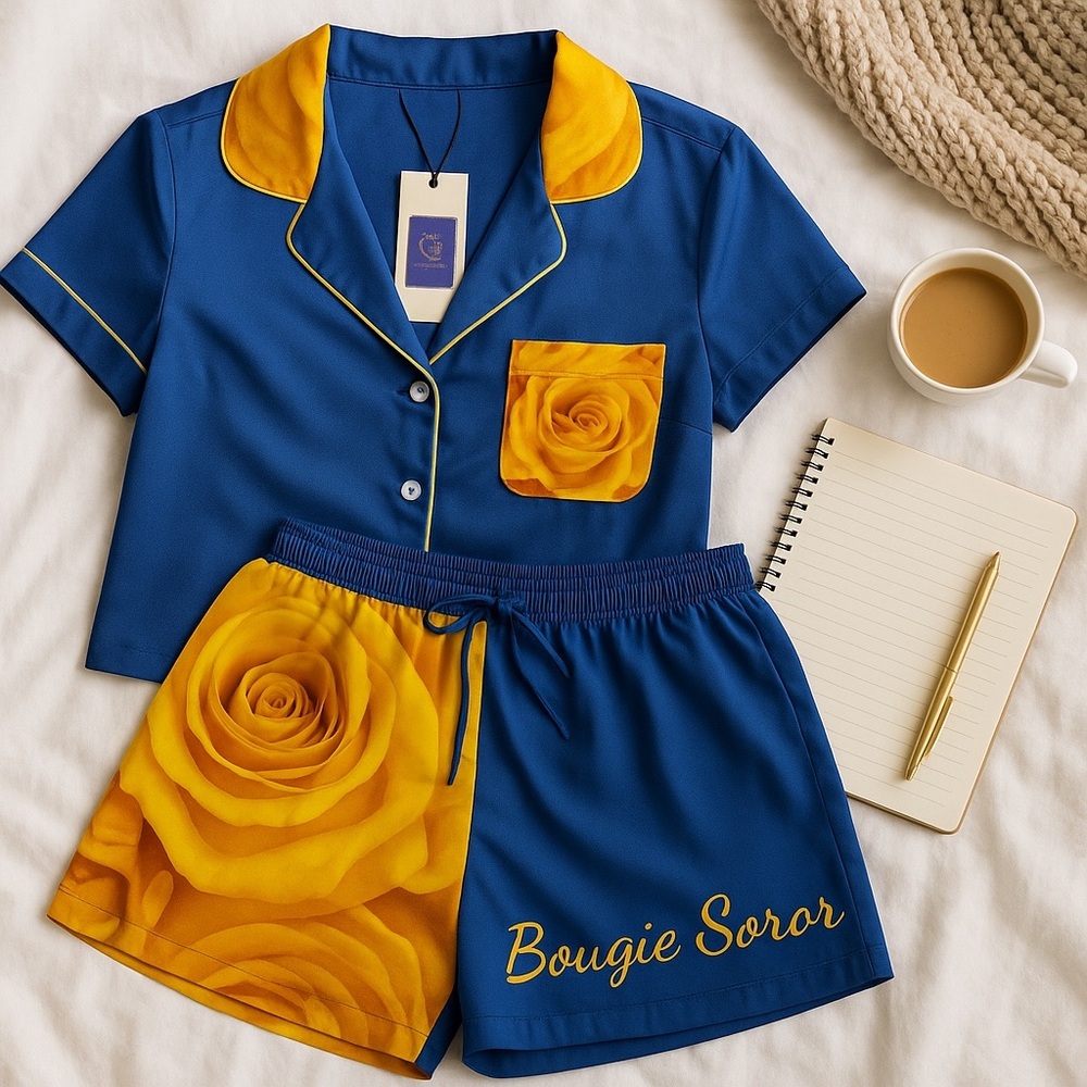 Bougie Soror - Blue and Yellow Satin Button-Up Shirt & shorts